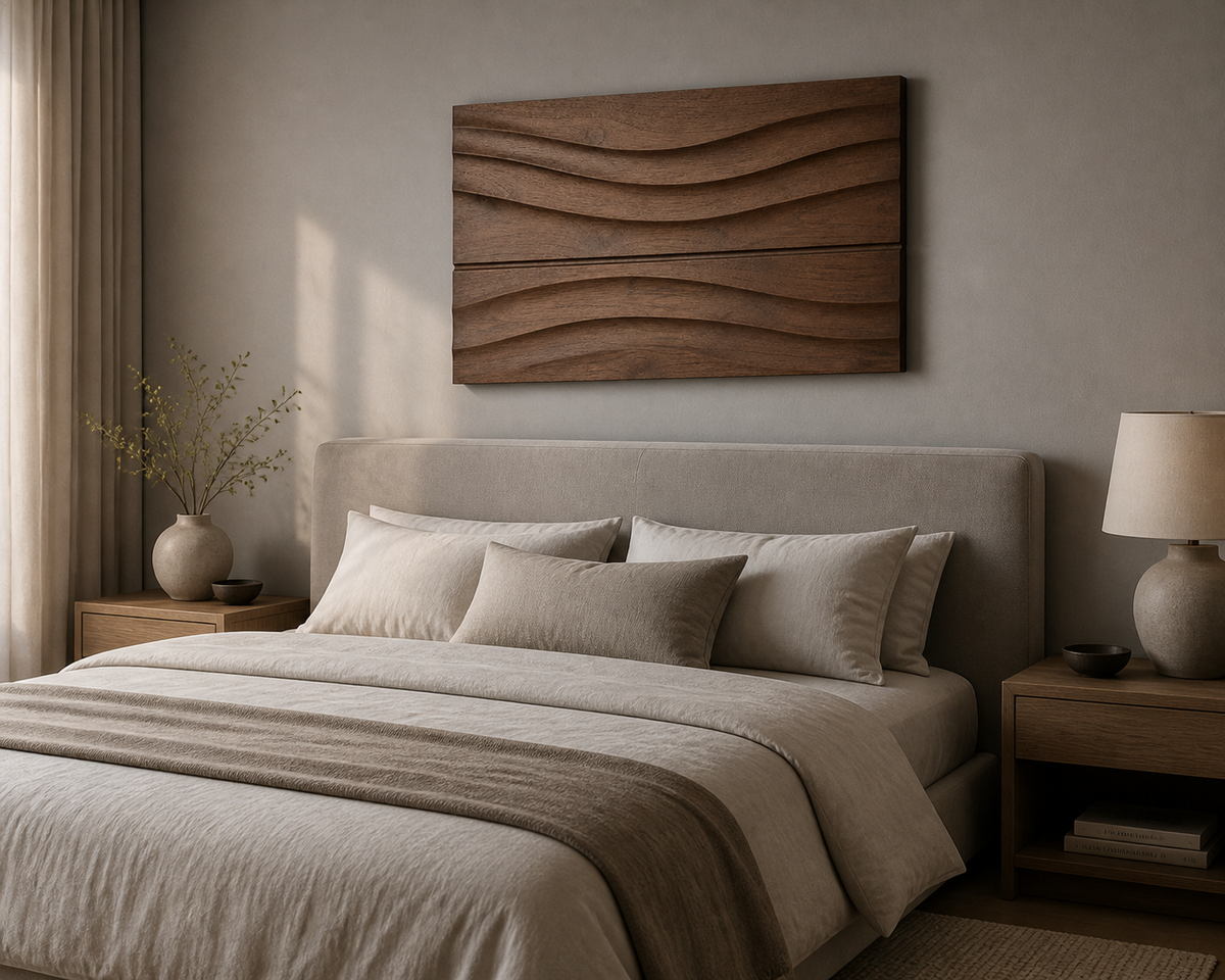 Still Horizon Relief, carved teak wood wall art — interior view