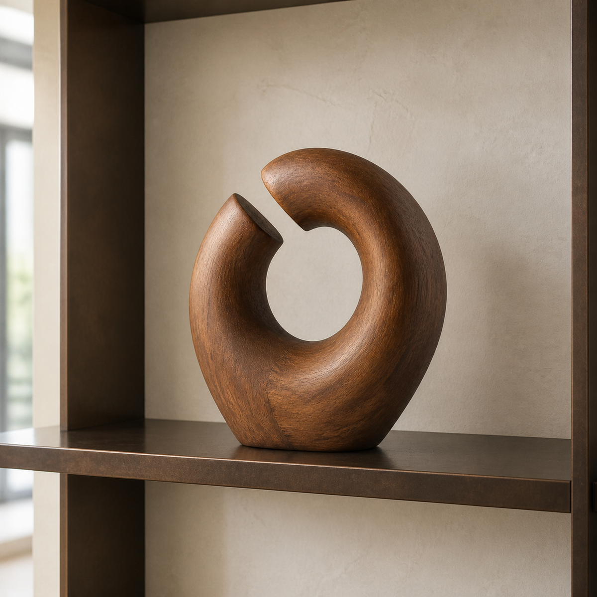 Severed Loop, teak wood tabletop sculpture — interior view