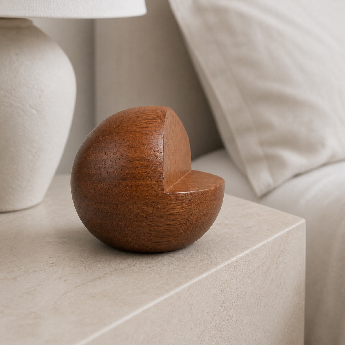 Notched Orb, teak wood tabletop sculpture — interior view