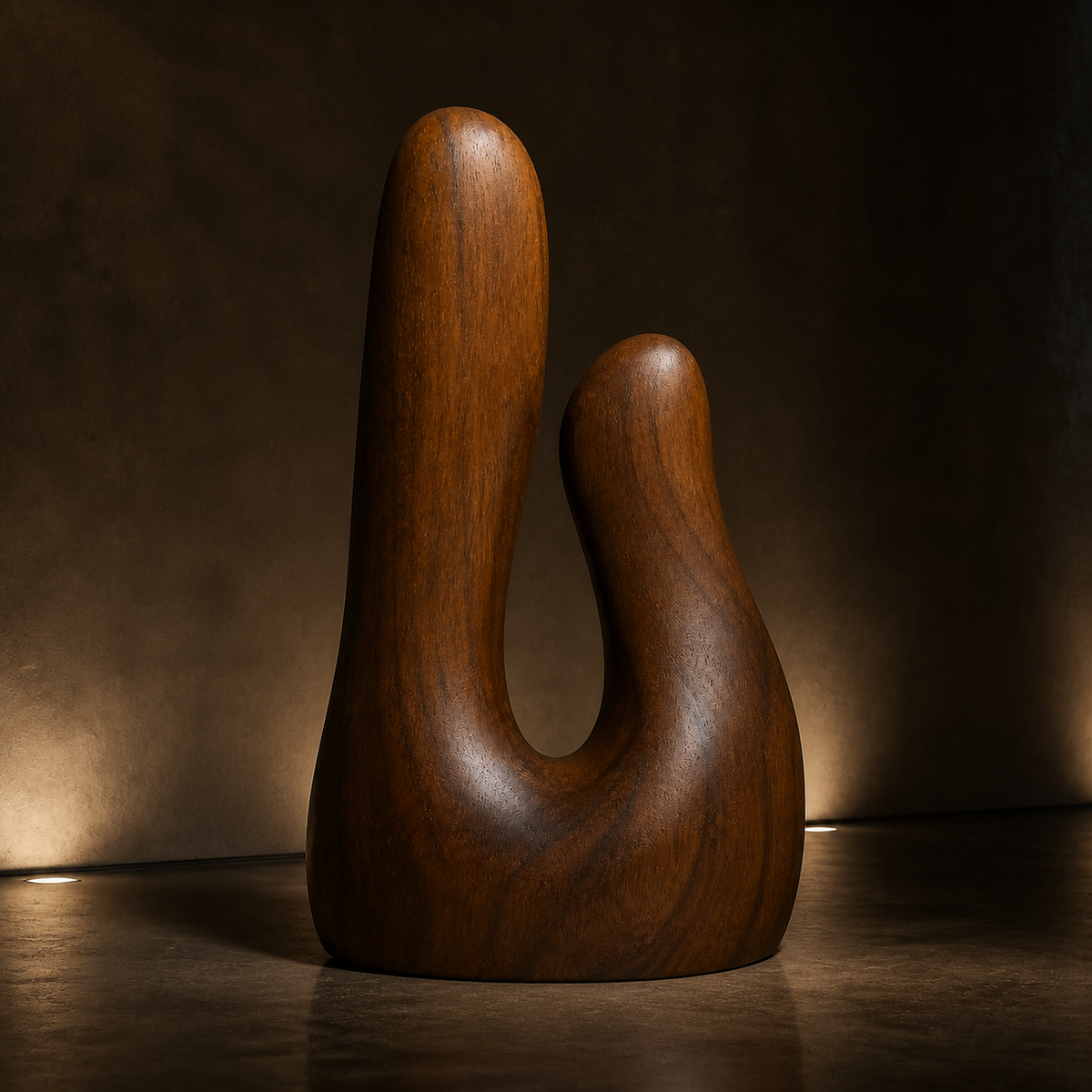 Paired Ascent, teak wood floor sculpture — interior view