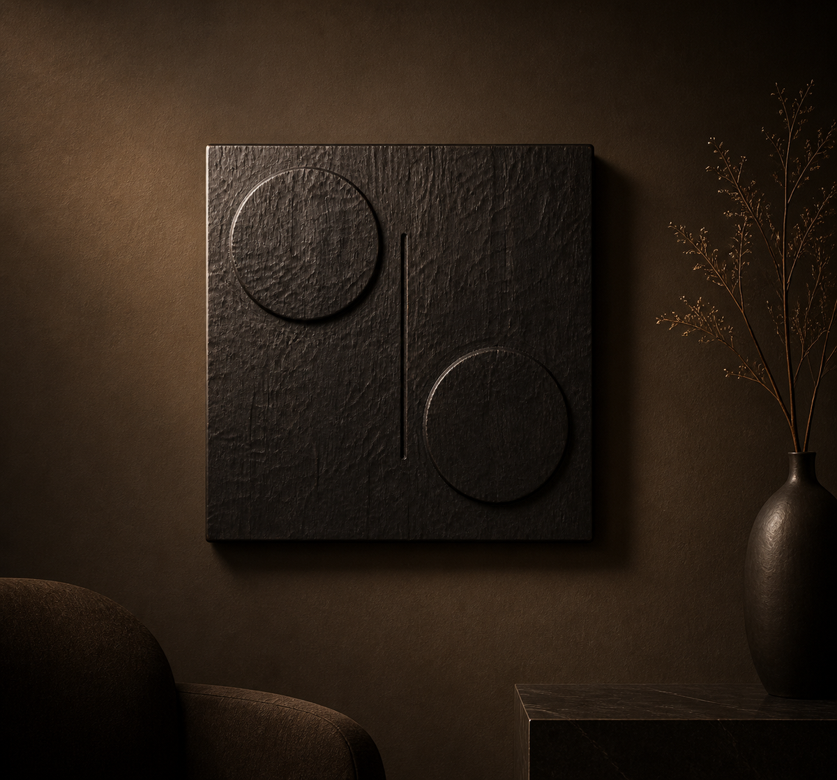 Twin Eclipse Relief, carved teak wood wall art — interior view