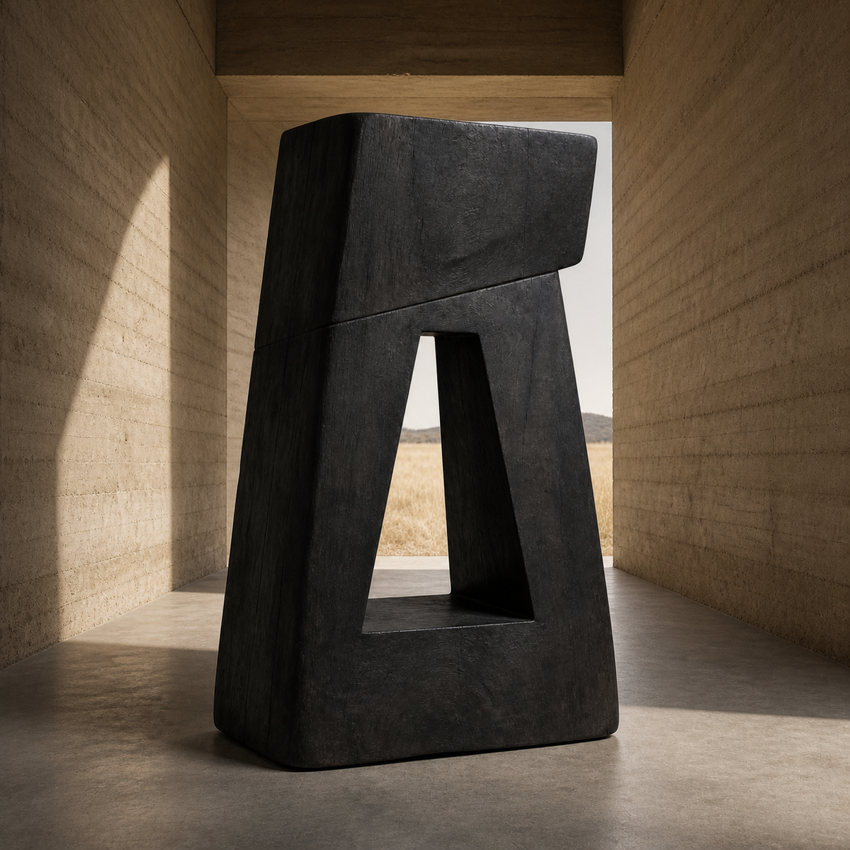 Sheared Portal, teak wood floor sculpture — interior view