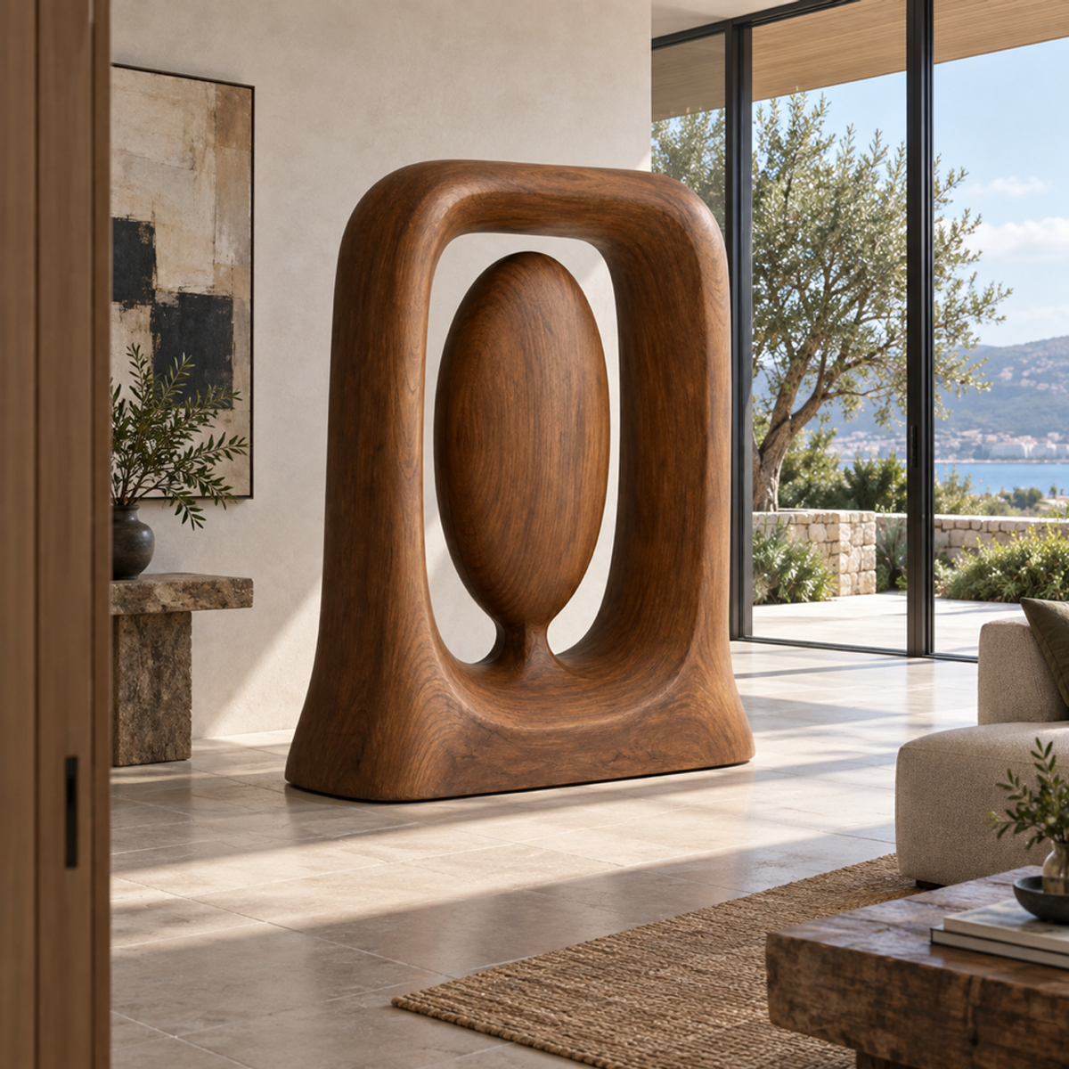 Suspended Core, teak wood floor sculpture — interior view