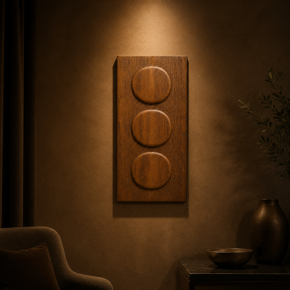 Stacked Halo Relief, carved teak wood wall art — interior view