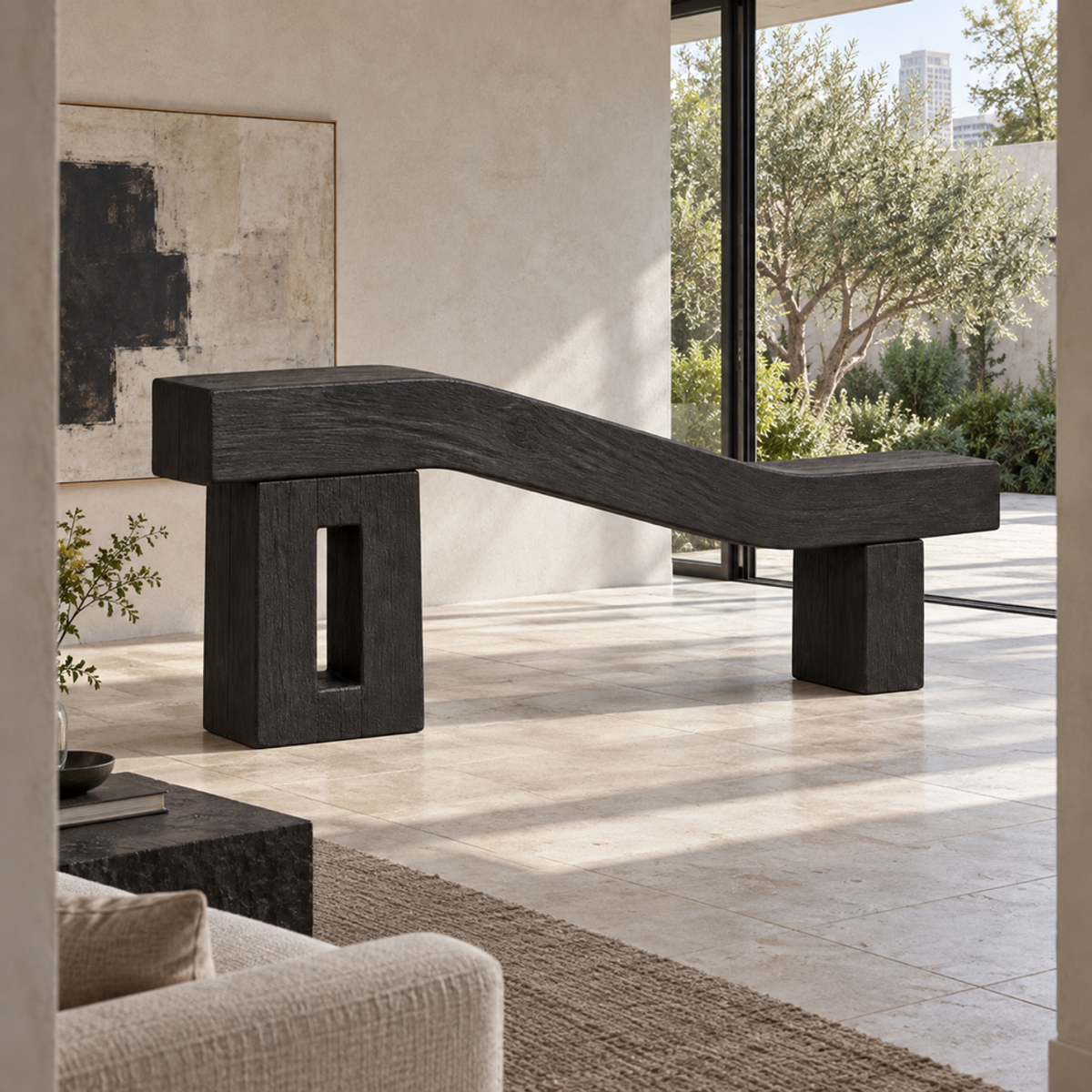 Cranked Beam, teak wood floor sculpture — interior view