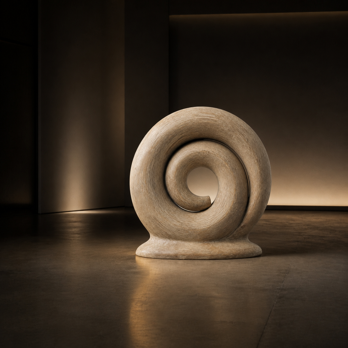 Quiet Coil, abstract teak wood sculpture — interior view