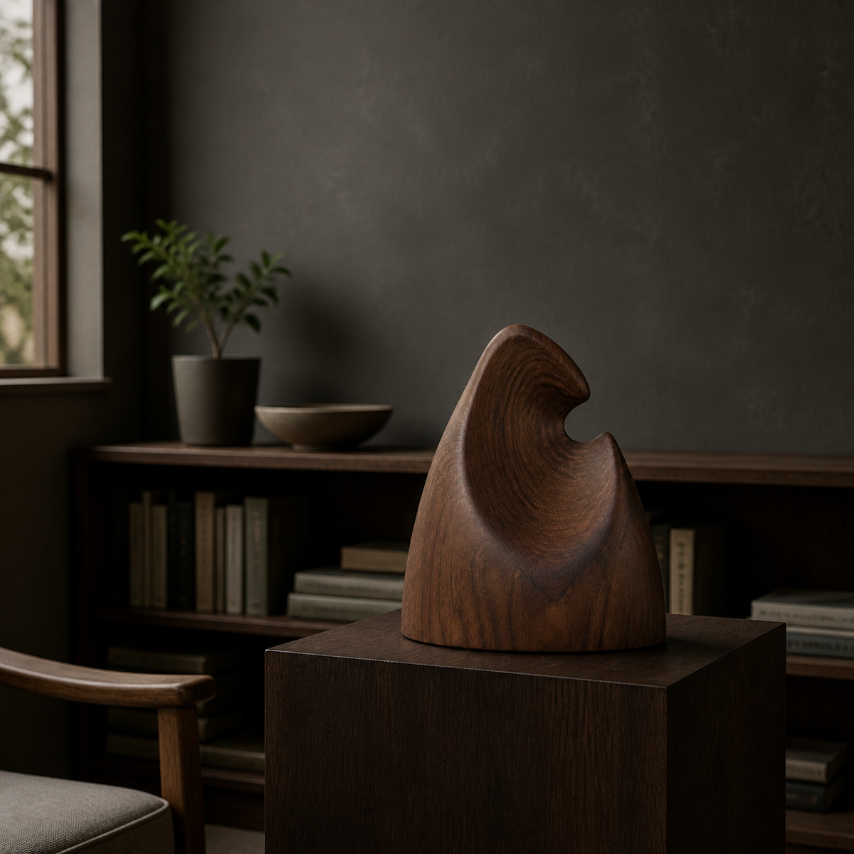 Inward Crest, abstract teak wood sculpture — interior view