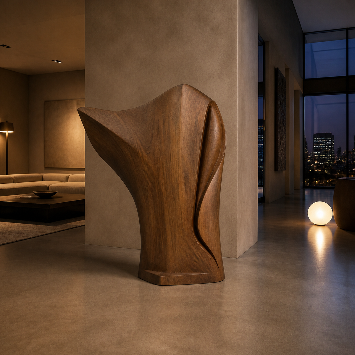 Compression Wing, teak wood floor sculpture — interior view