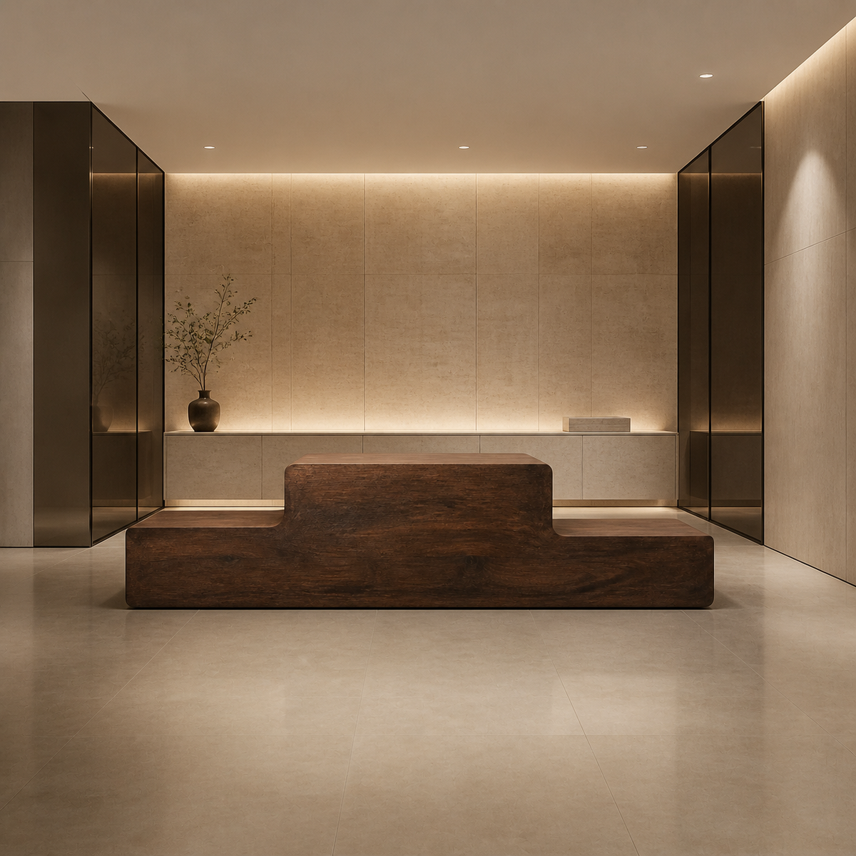 Folded Horizon Console, teak wood console sculpture — interior view