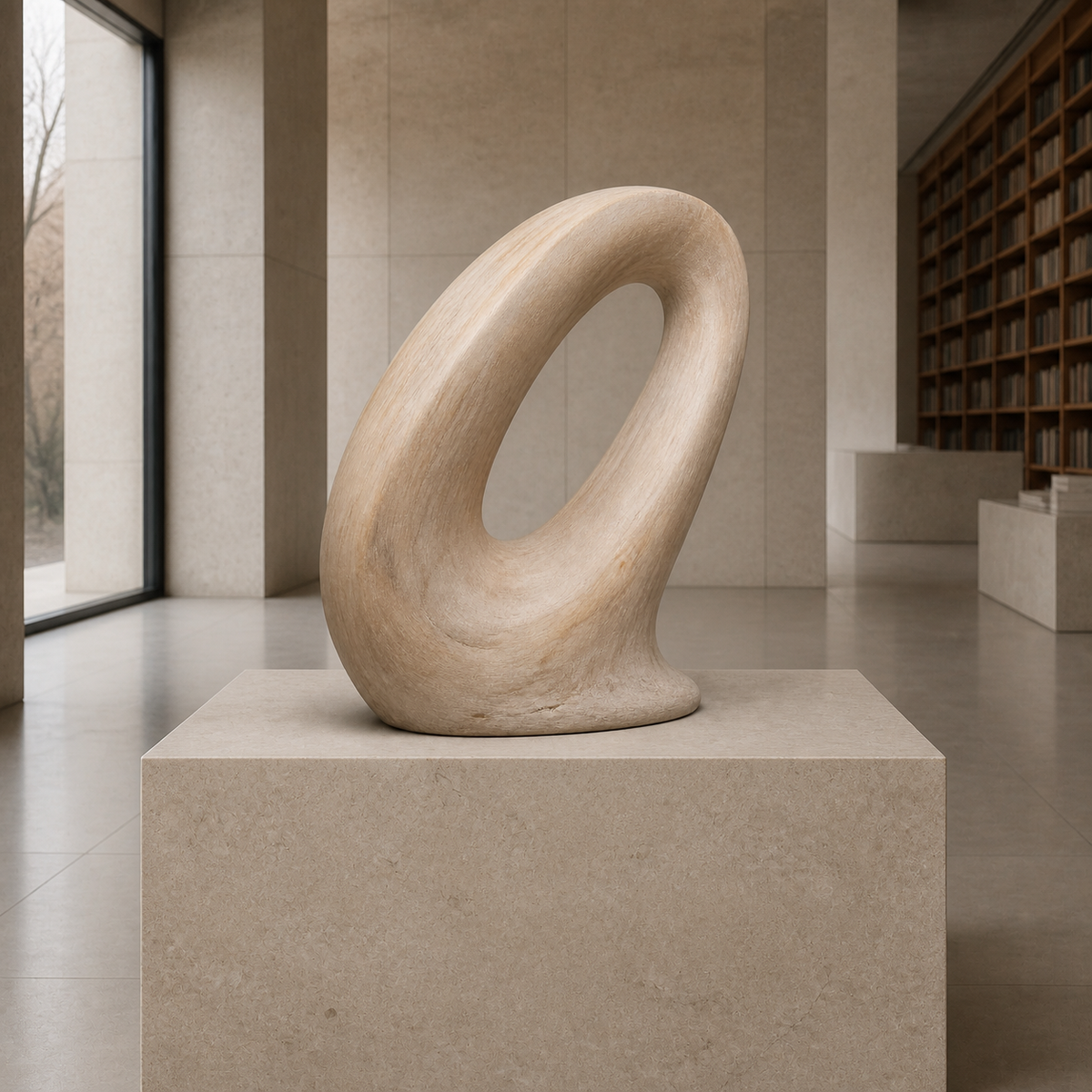 Oblique Halo, abstract teak wood sculpture — interior view