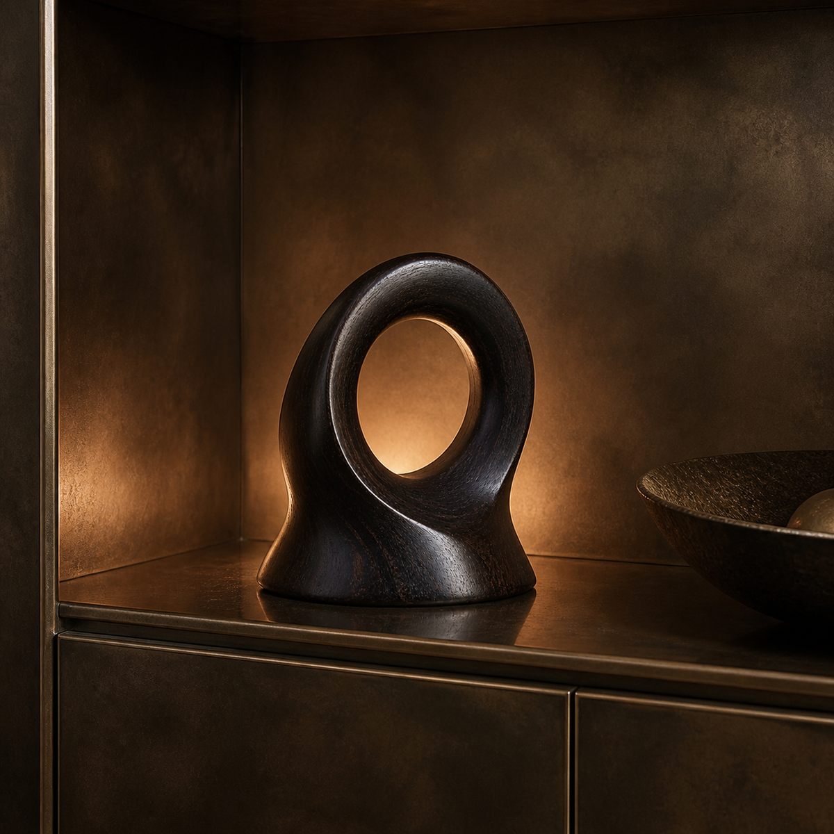 Rooted Loop, teak wood tabletop sculpture — interior view