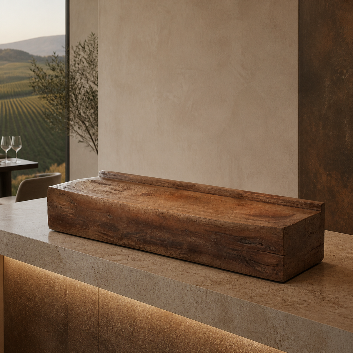 Silt Ledge, teak wood console sculpture — interior view