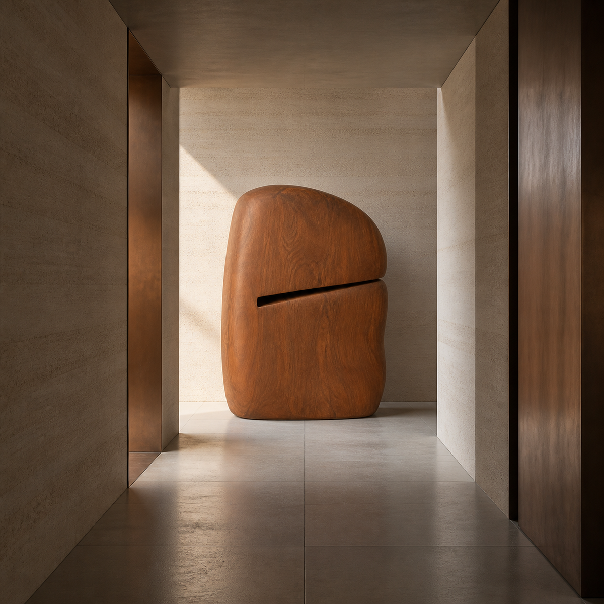 Faulted Crown, teak wood floor sculpture — interior view