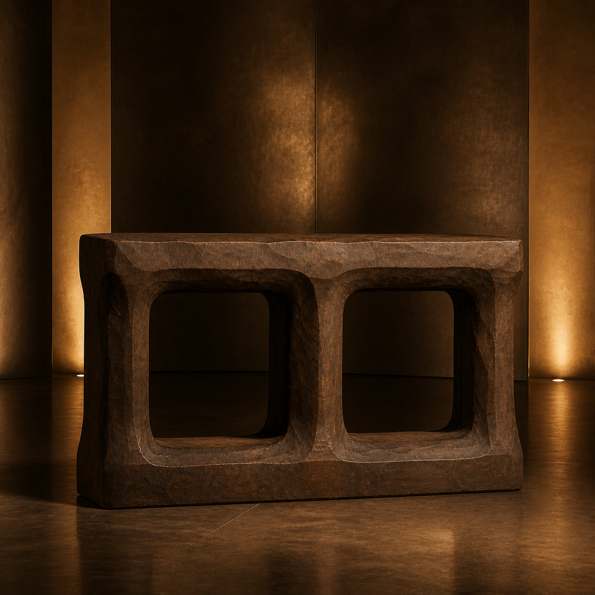 Stacked Threshold, teak wood console sculpture — interior view