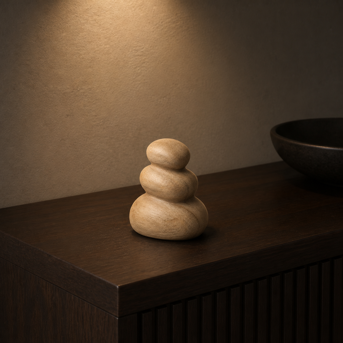 Palm Cairn, teak wood tabletop sculpture — interior view