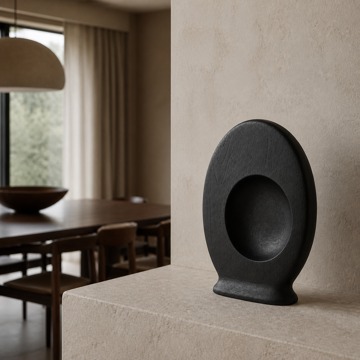 Pressed Orbit, abstract teak wood sculpture — interior view