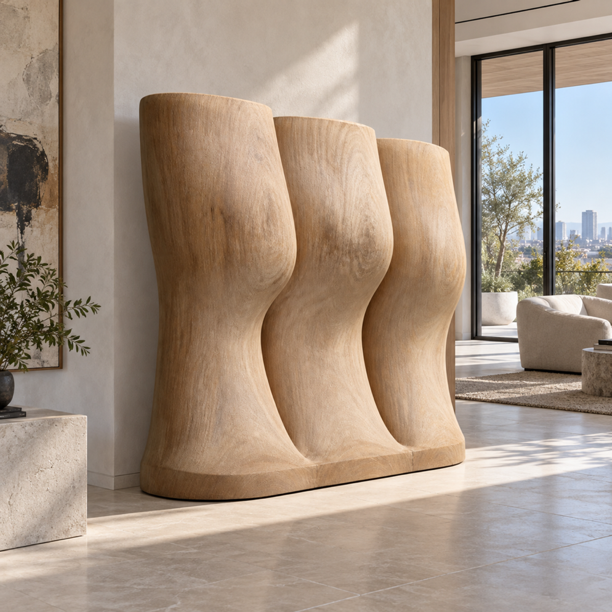 Lateral Drift, teak wood floor sculpture — interior view