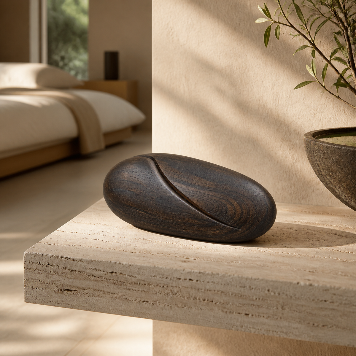 River Stone Study, teak wood tabletop sculpture — interior view