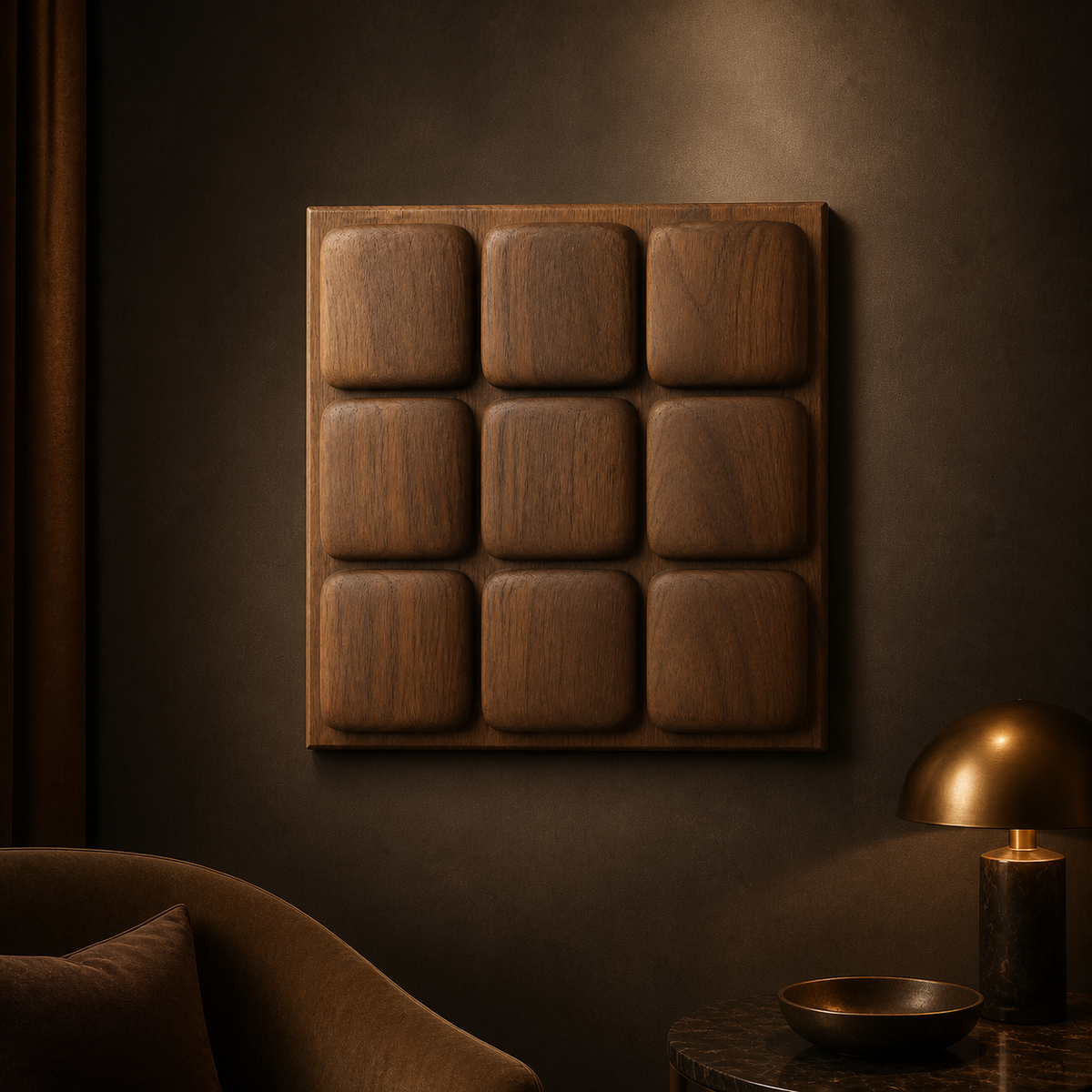 Ancestral Grid Relief, carved teak wood wall art — interior view