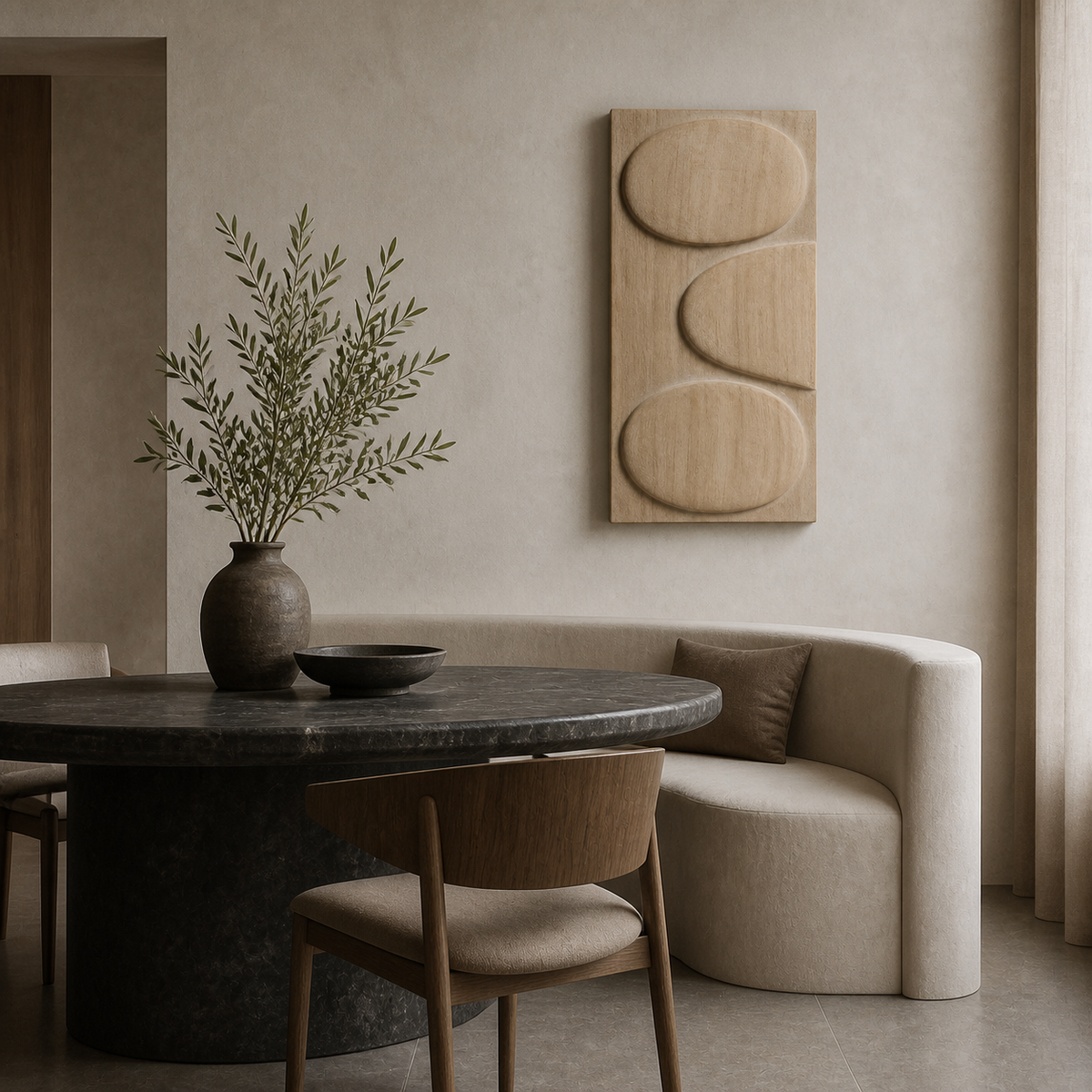 Orbit Stack Relief, carved teak wood wall art — interior view