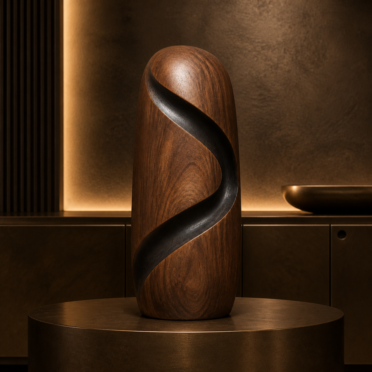 Spiral Rift Monolith, teak wood floor sculpture — interior view