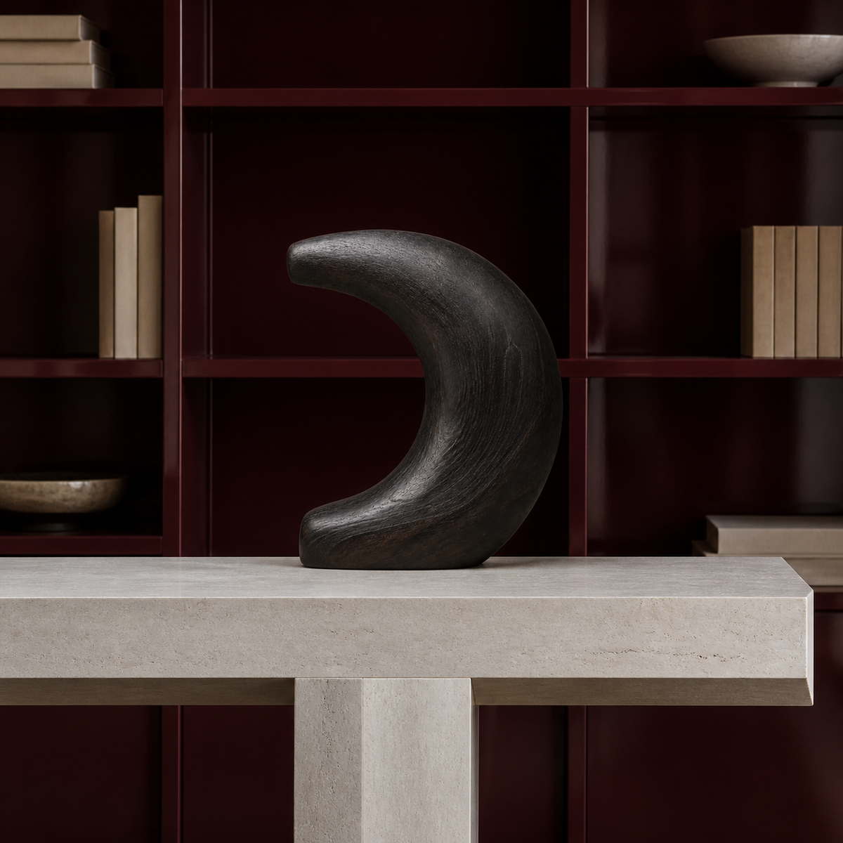 Cantilever Moon, abstract teak wood sculpture — interior view