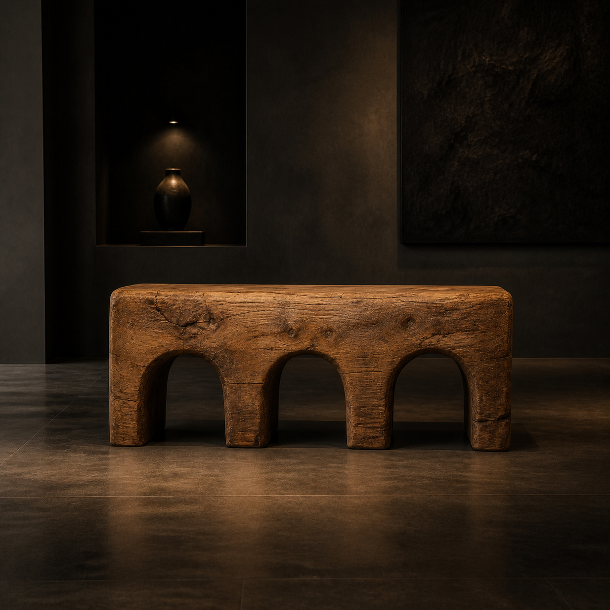 Triple Compression, teak wood console sculpture — interior view