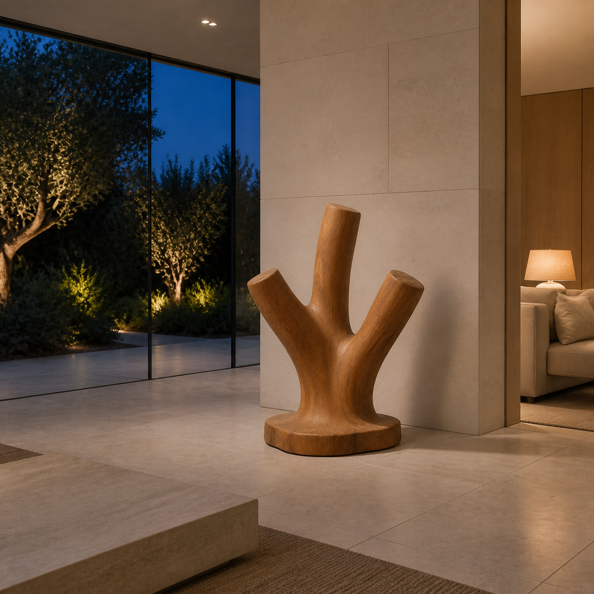Triune Reach, teak wood floor sculpture — interior view