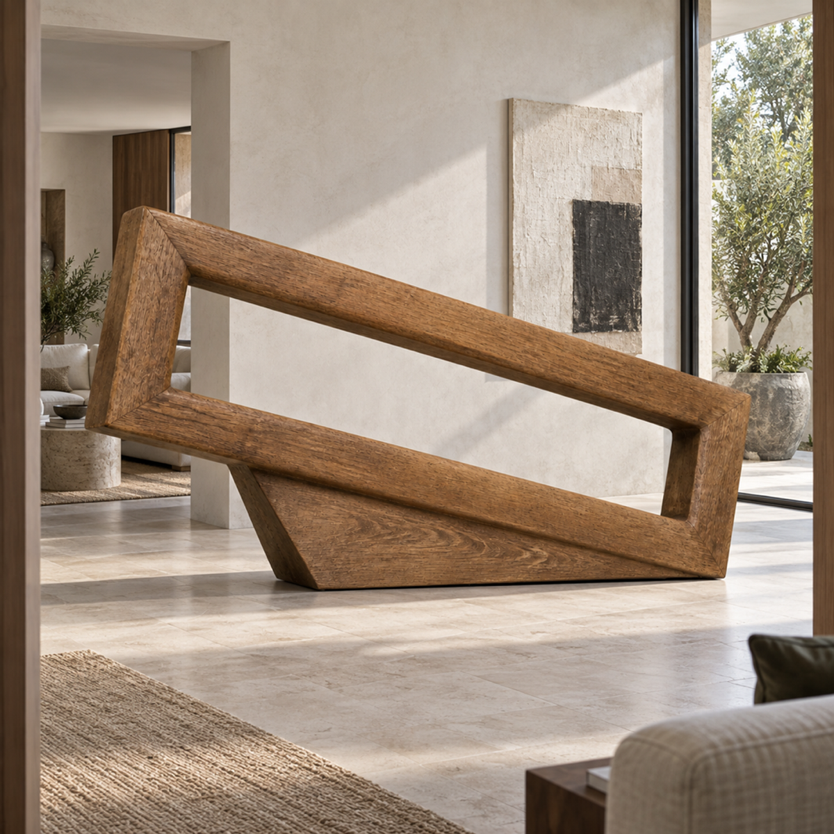 Pivot Frame, teak wood floor sculpture — interior view