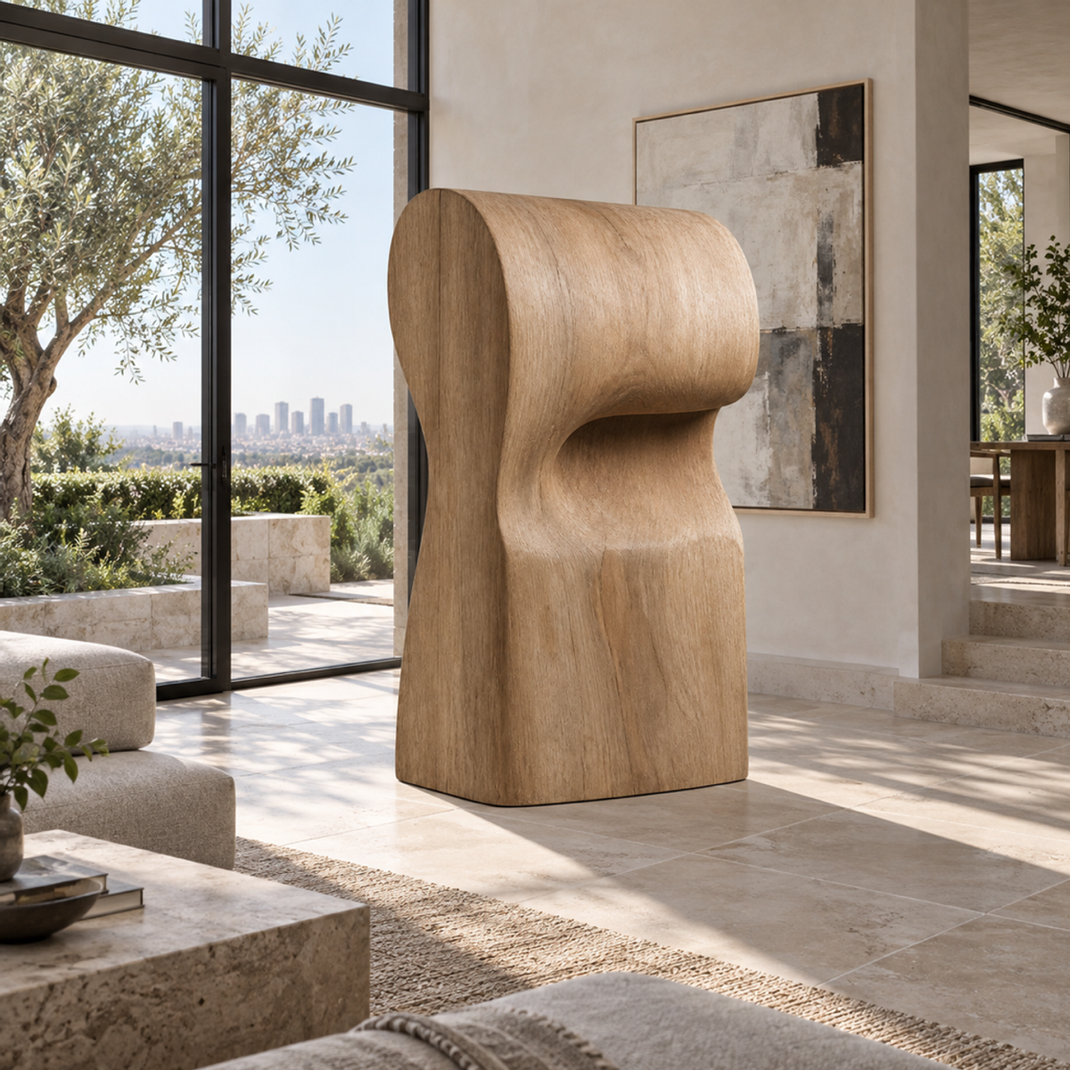 Overfold Column, teak wood floor sculpture — interior view