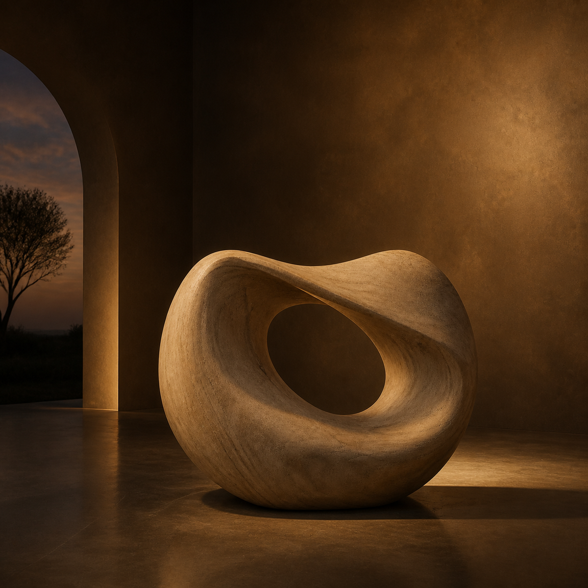 Folded Orbit, abstract teak wood sculpture — interior view