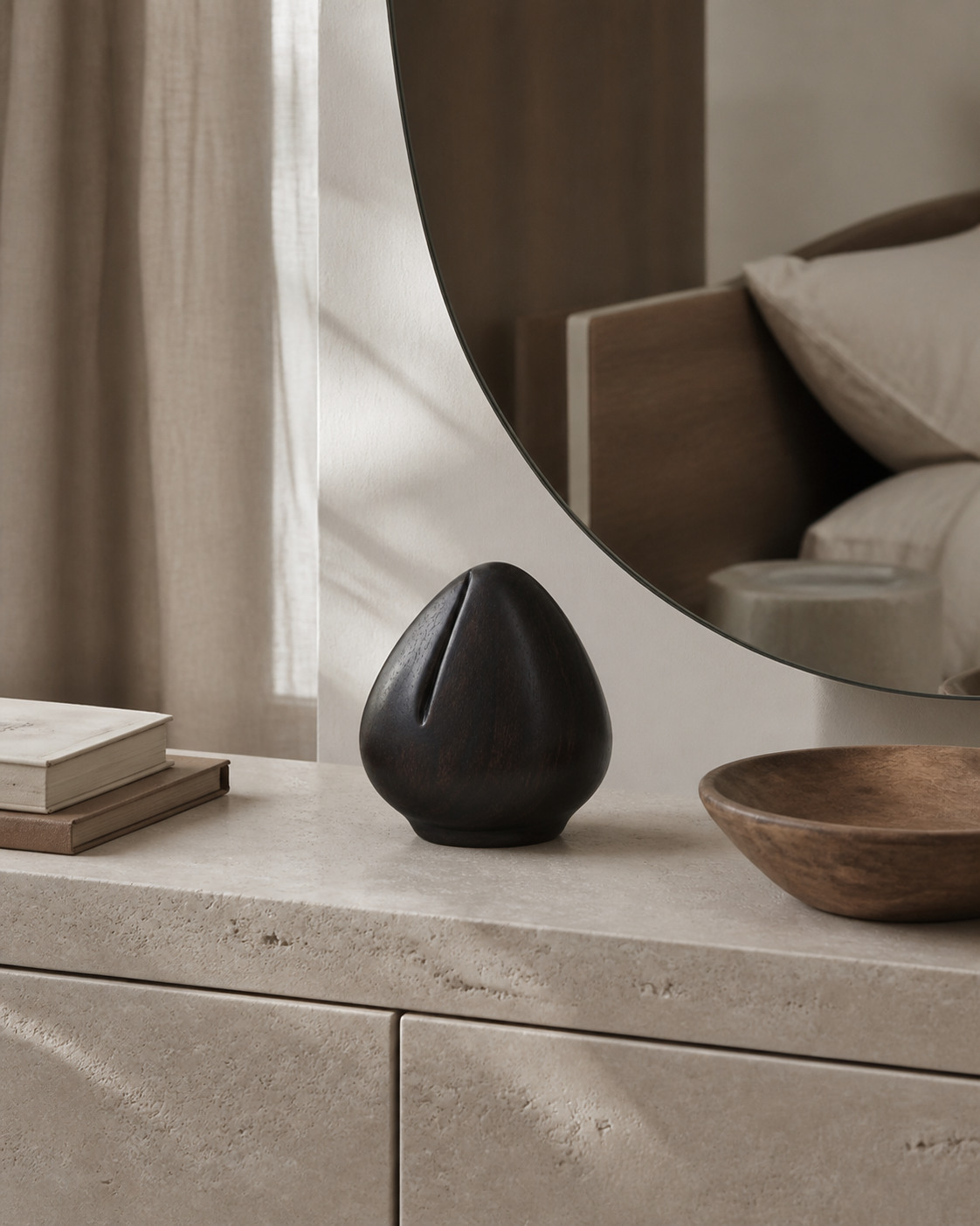 Tension Kernel, teak wood tabletop sculpture — interior view
