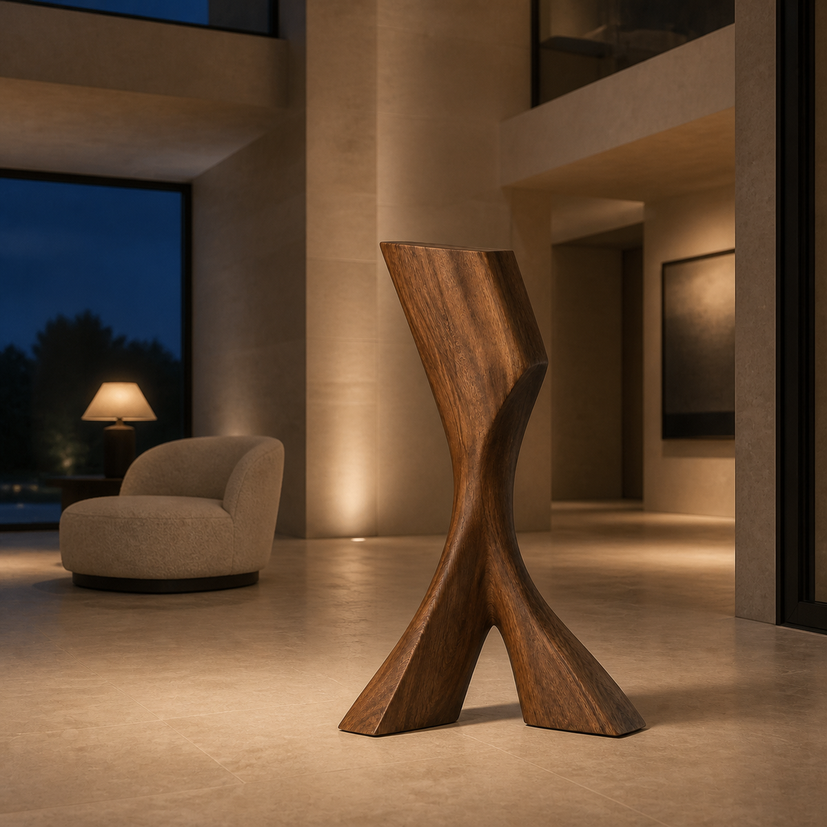 Splayed Axis, teak wood floor sculpture — interior view