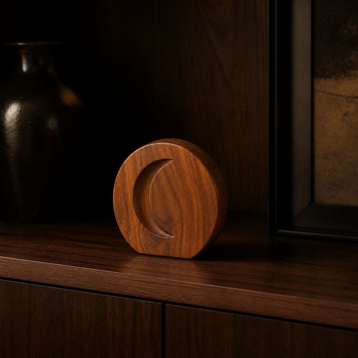 Crescent Token, teak wood tabletop sculpture — interior view