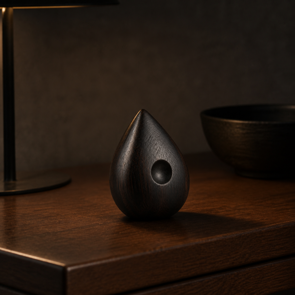Quiet Seed, teak wood tabletop sculpture — interior view
