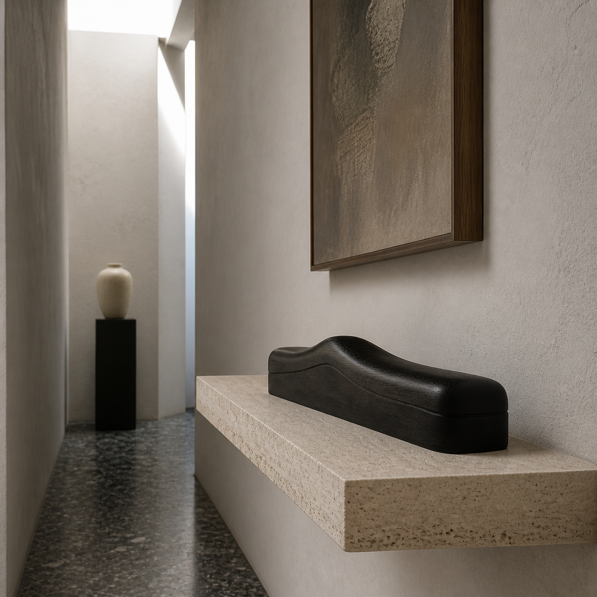 Low Tension, teak wood console sculpture — interior view