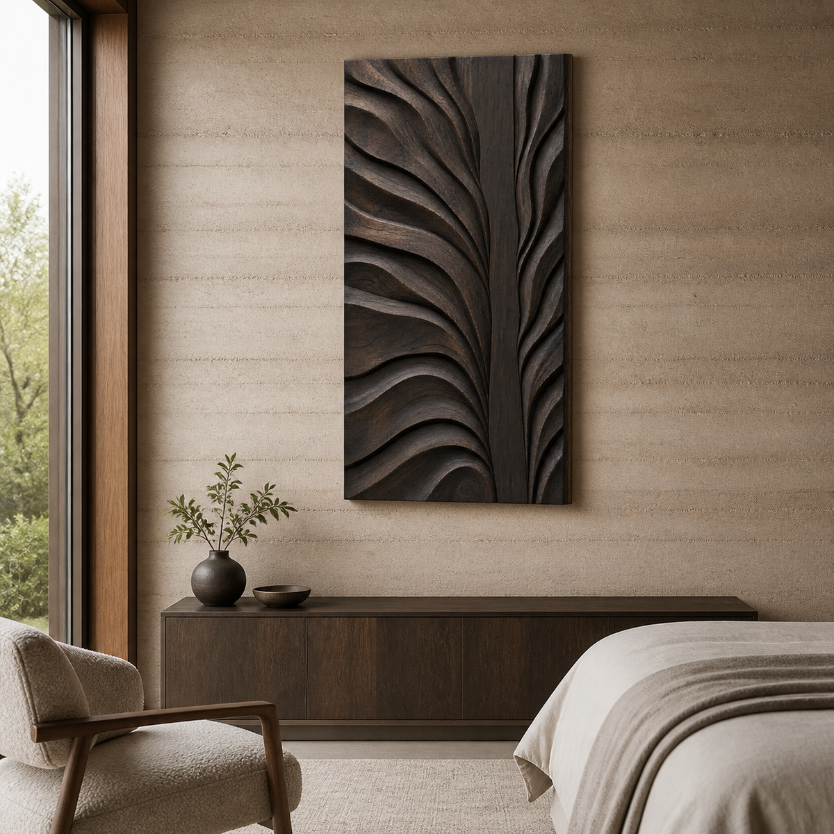 Confluence Relief, carved teak wood wall art — interior view