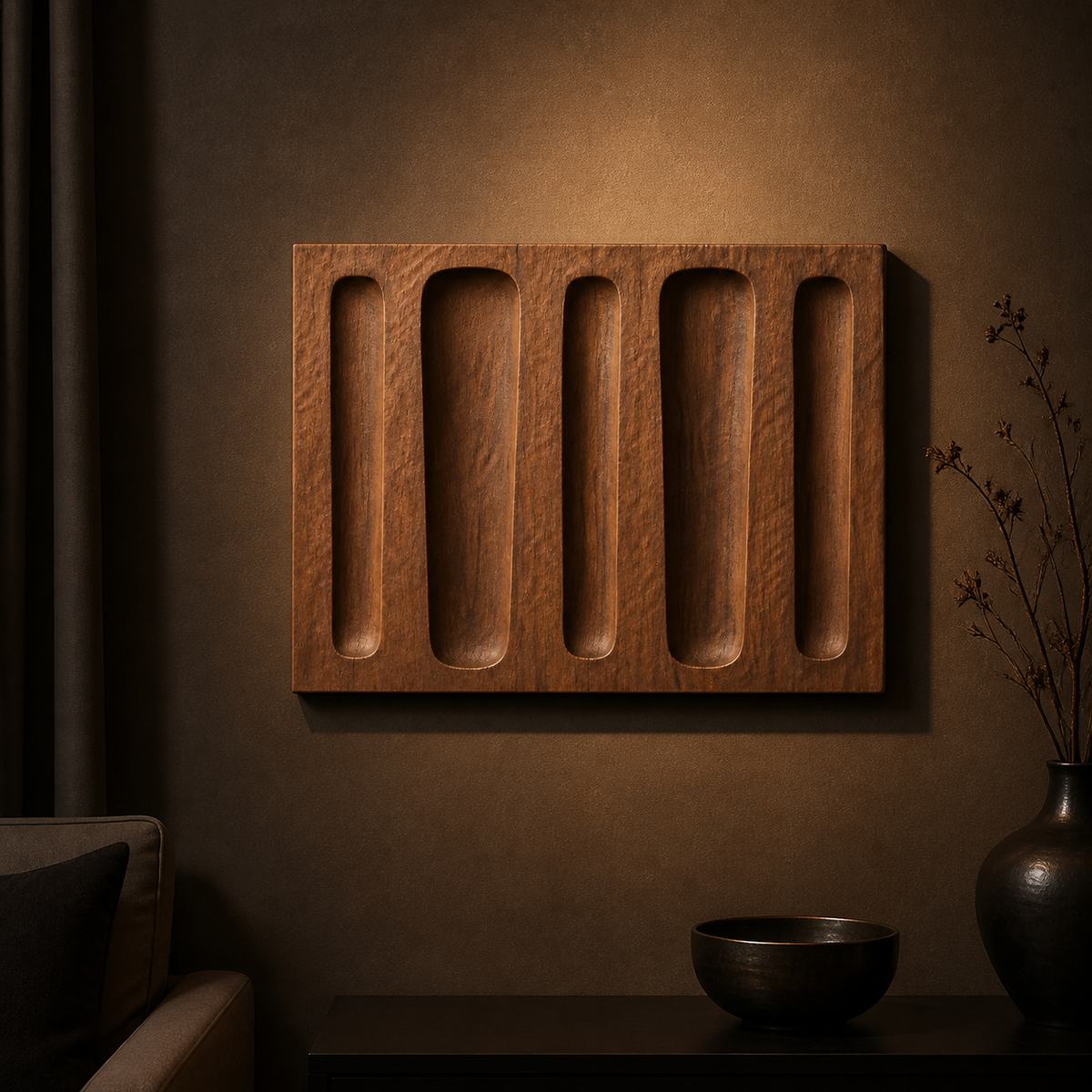 Groove Rhythm Relief, carved teak wood wall art — interior view