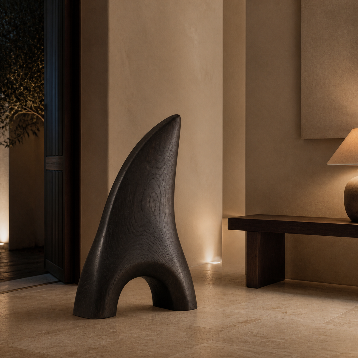 Vaulted Blade, teak wood floor sculpture — interior view