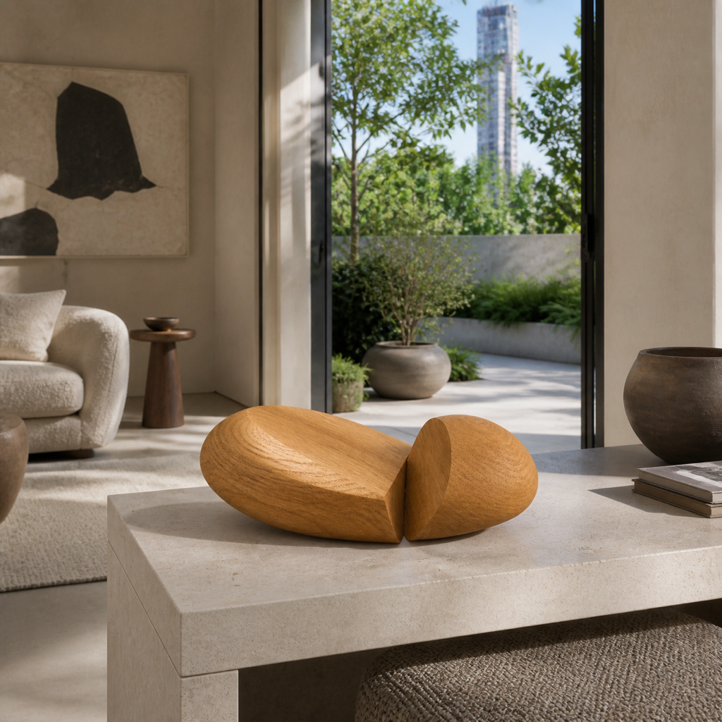 Nucleus Pair, teak wood tabletop sculpture — interior view