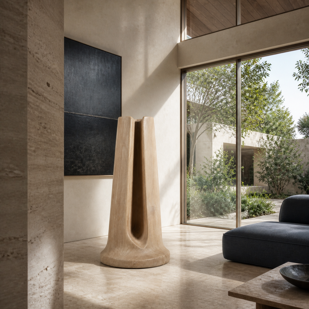 Veil Column, teak wood floor sculpture — interior view