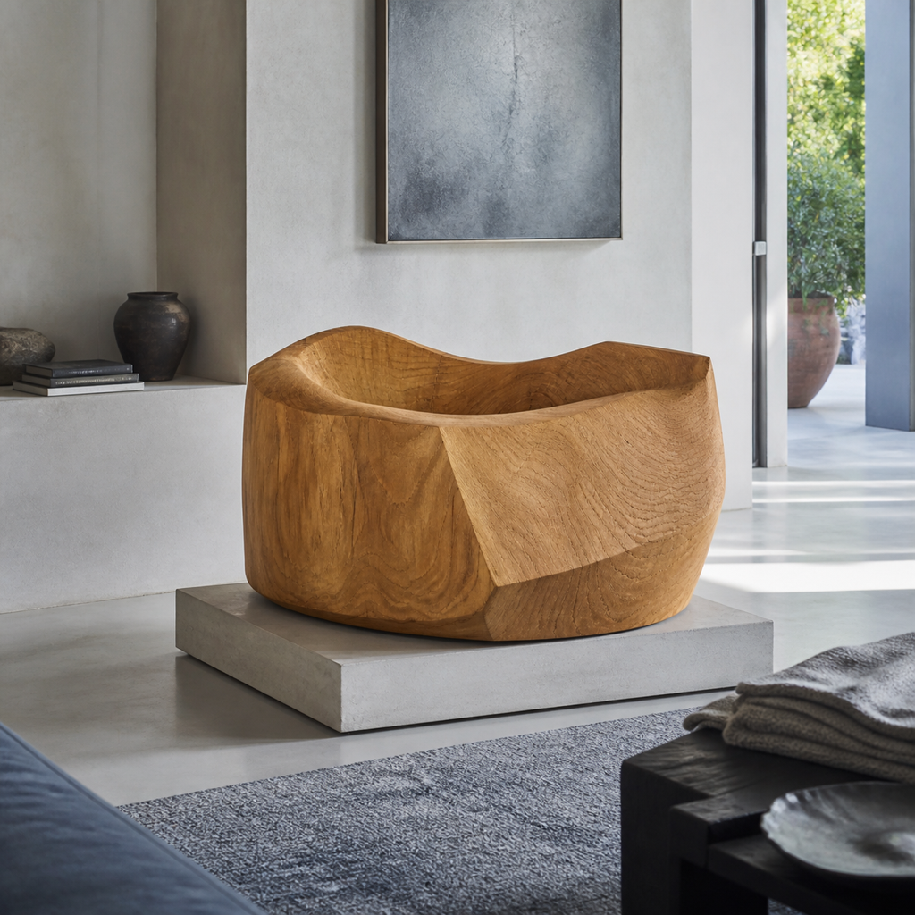 Caldera Plinth, abstract teak wood sculpture — interior view
