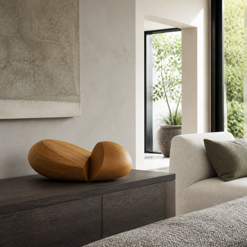Nucleus Pair, teak wood tabletop sculpture — interior view