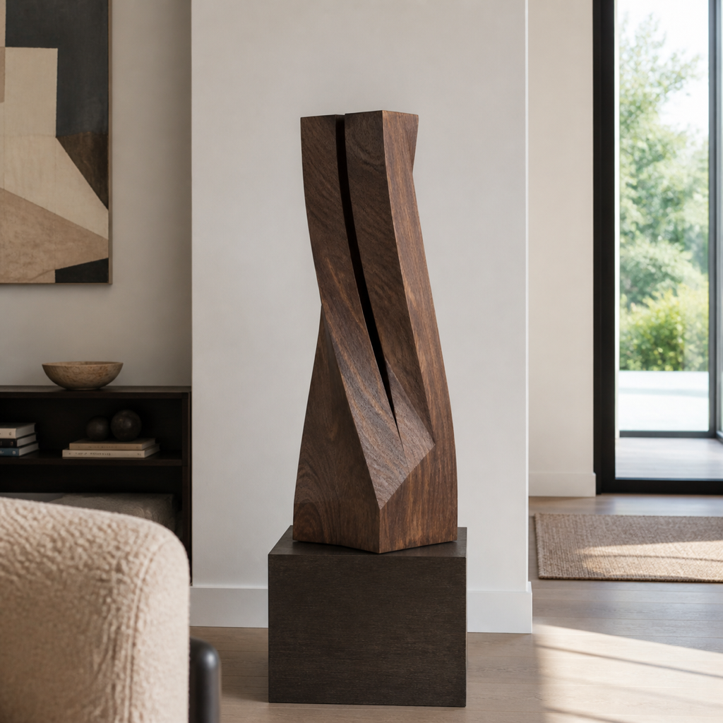 Torque Study, abstract teak wood sculpture — interior view