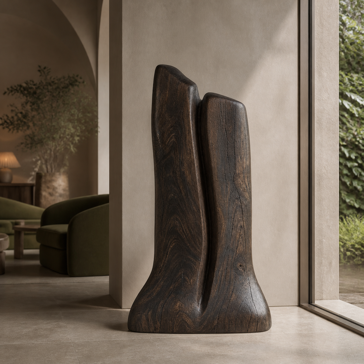 Crown Divide, teak wood floor sculpture — interior view