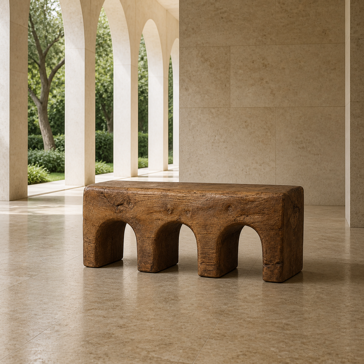 Triple Compression, teak wood console sculpture — interior view