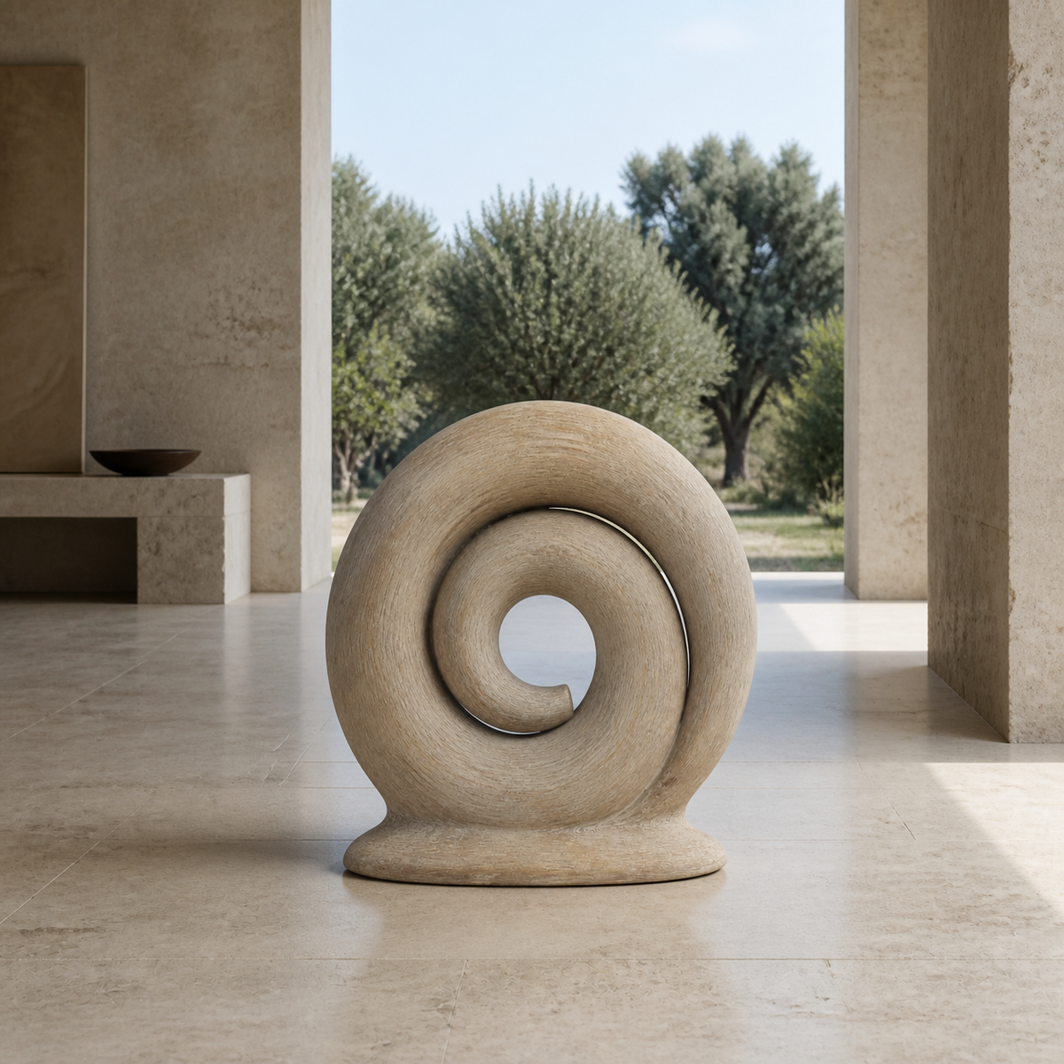 Quiet Coil, abstract teak wood sculpture — interior view