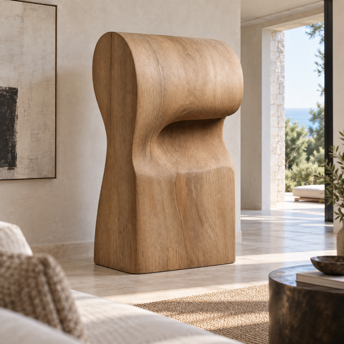Overfold Column, teak wood floor sculpture — interior view