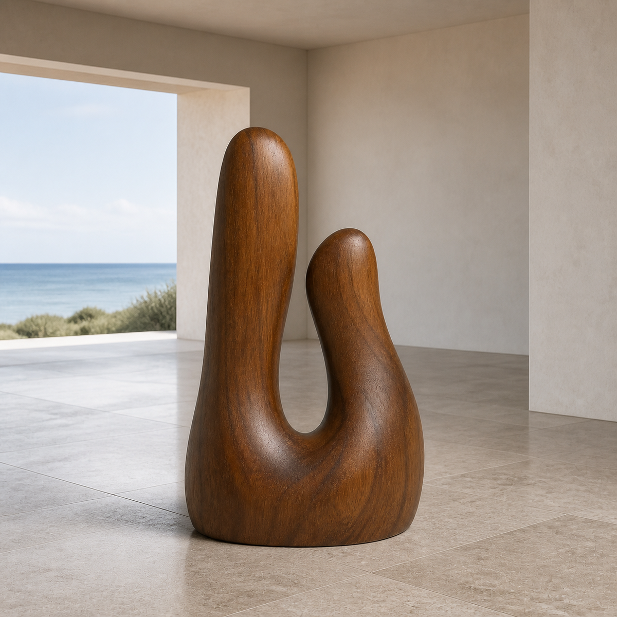 Paired Ascent, teak wood floor sculpture — interior view