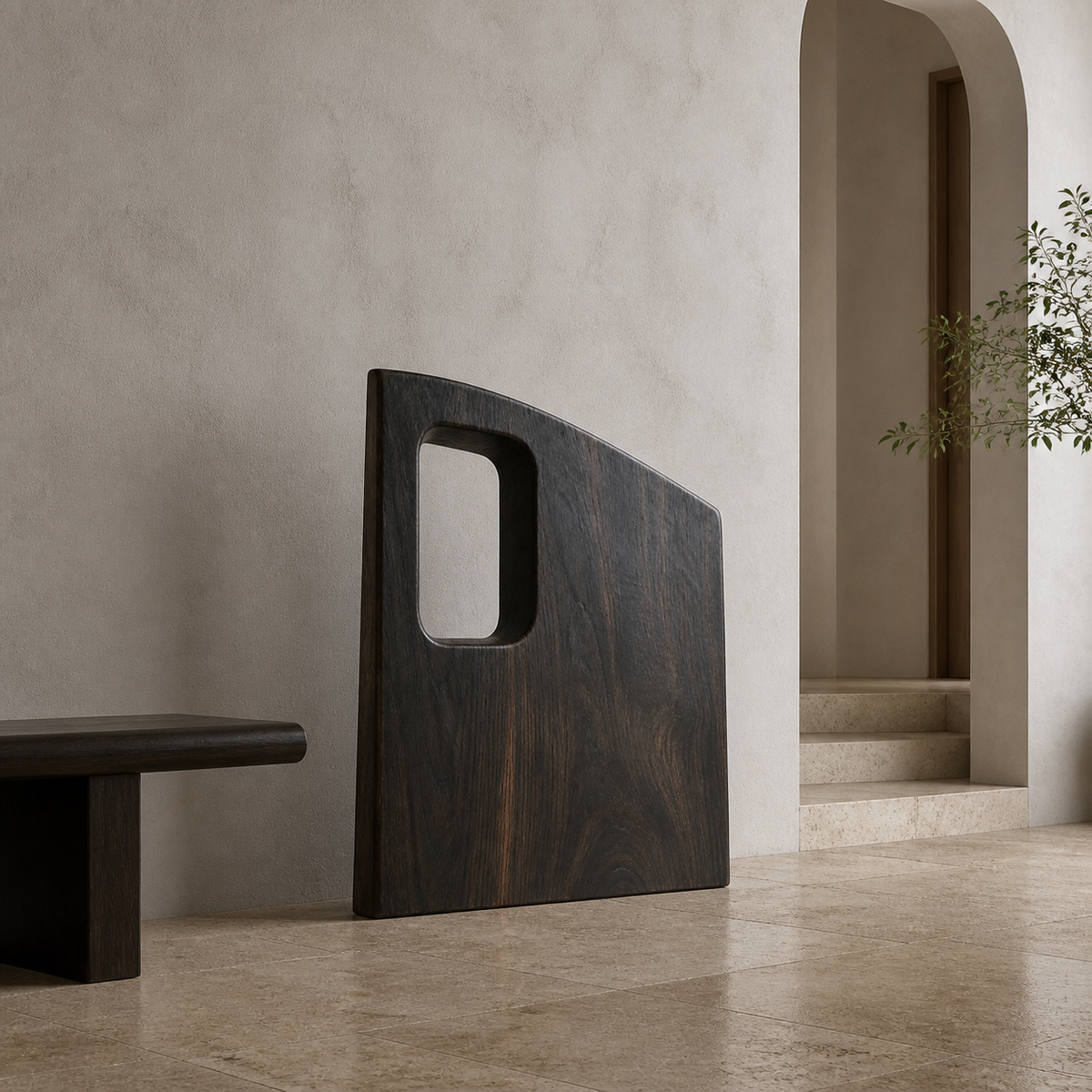 Offset Portal, teak wood floor sculpture — interior view